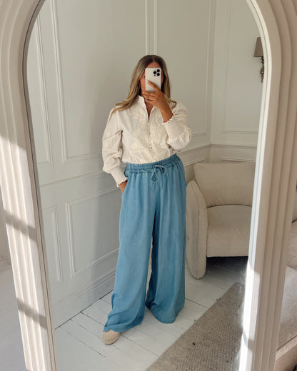 TENCEL DENIM LOOK WIDE LEG TROUSERS