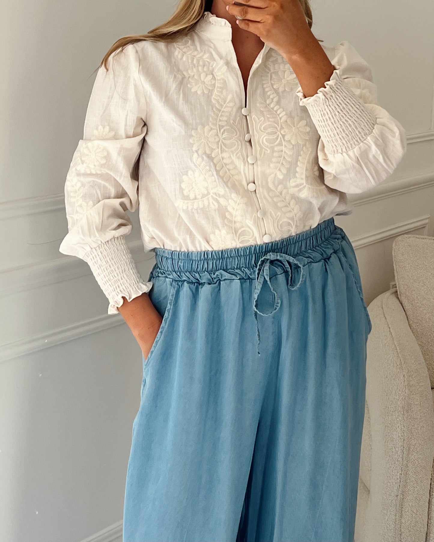 SOFT DENIM LOOK WIDE LEG TROUSERS