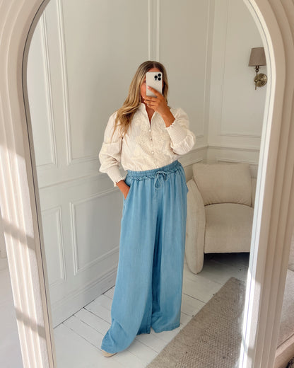 TENCEL DENIM LOOK WIDE LEG TROUSERS