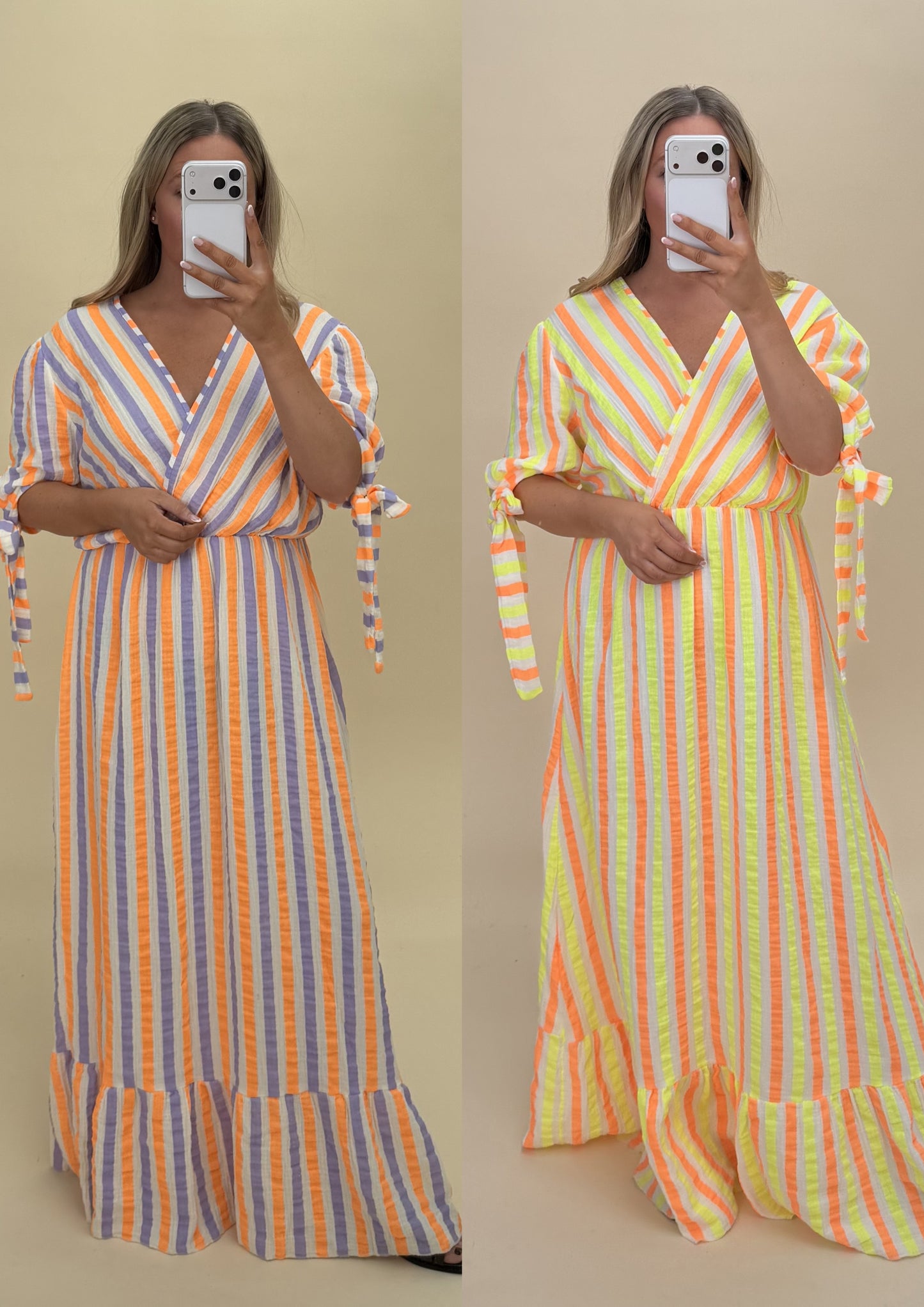 BOW SLEEVE STRIPE 100% COTTON MAXI DRESS