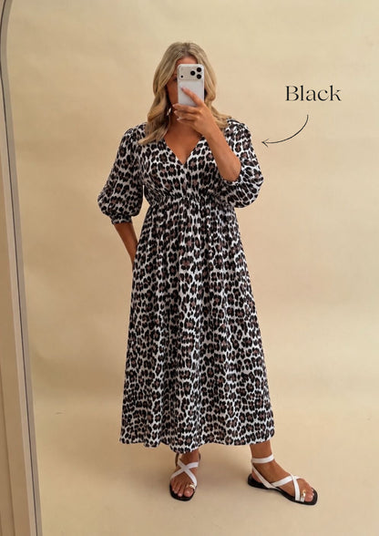 LEOPARD PRINT CHEESECLOTH DRESS WITH SLEEVES