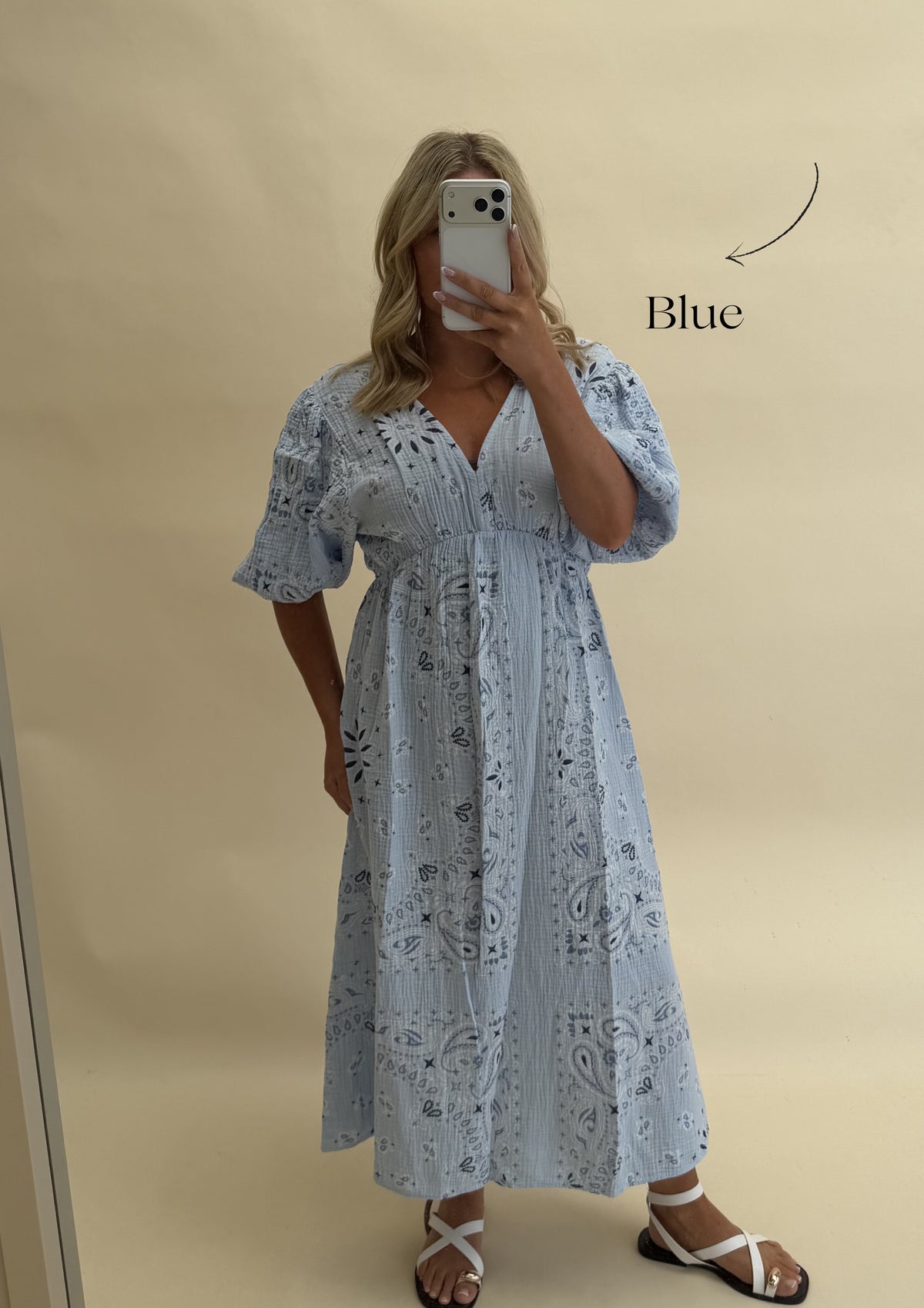 CHEESECLOTH BANDANA PRINT DRESS WITH 3/4 SLEEVES