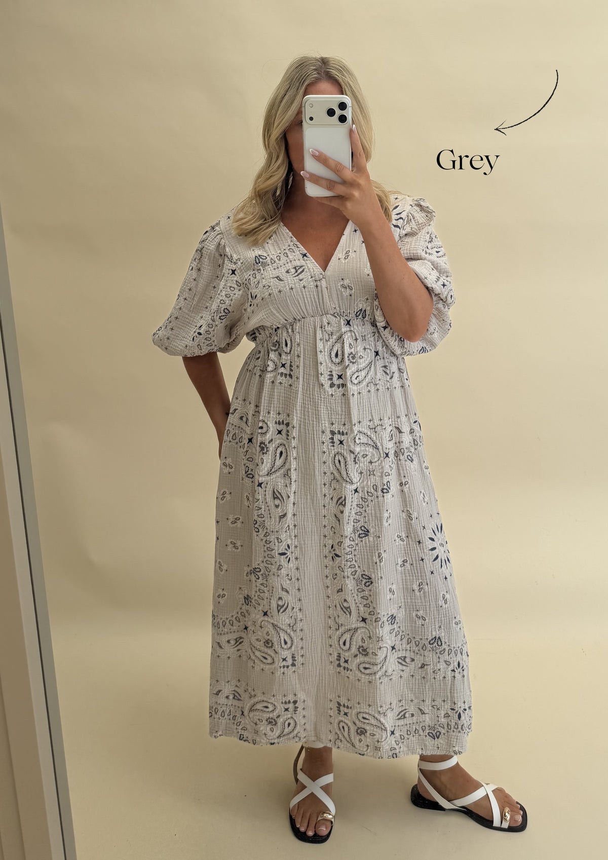 CHEESECLOTH BANDANA PRINT DRESS WITH 3/4 SLEEVES