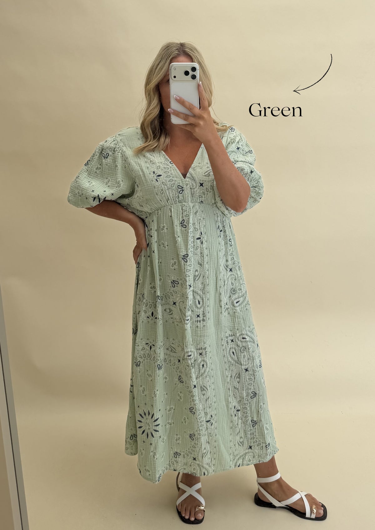 CHEESECLOTH BANDANA PRINT DRESS WITH 3/4 SLEEVES