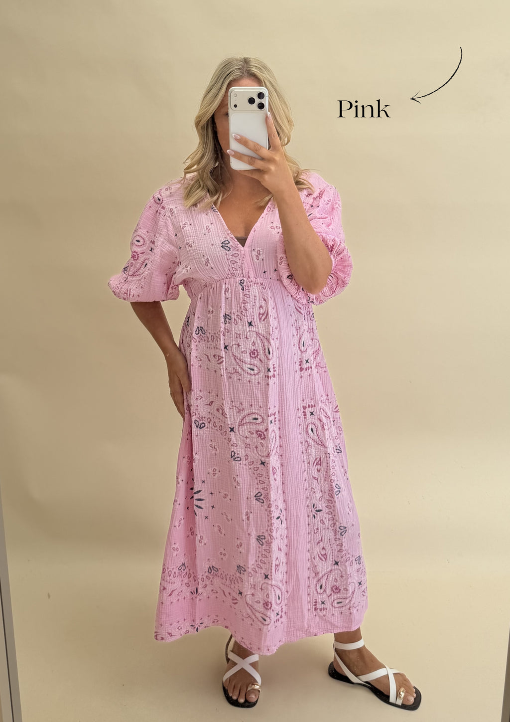 CHEESECLOTH BANDANA PRINT DRESS WITH 3/4 SLEEVES