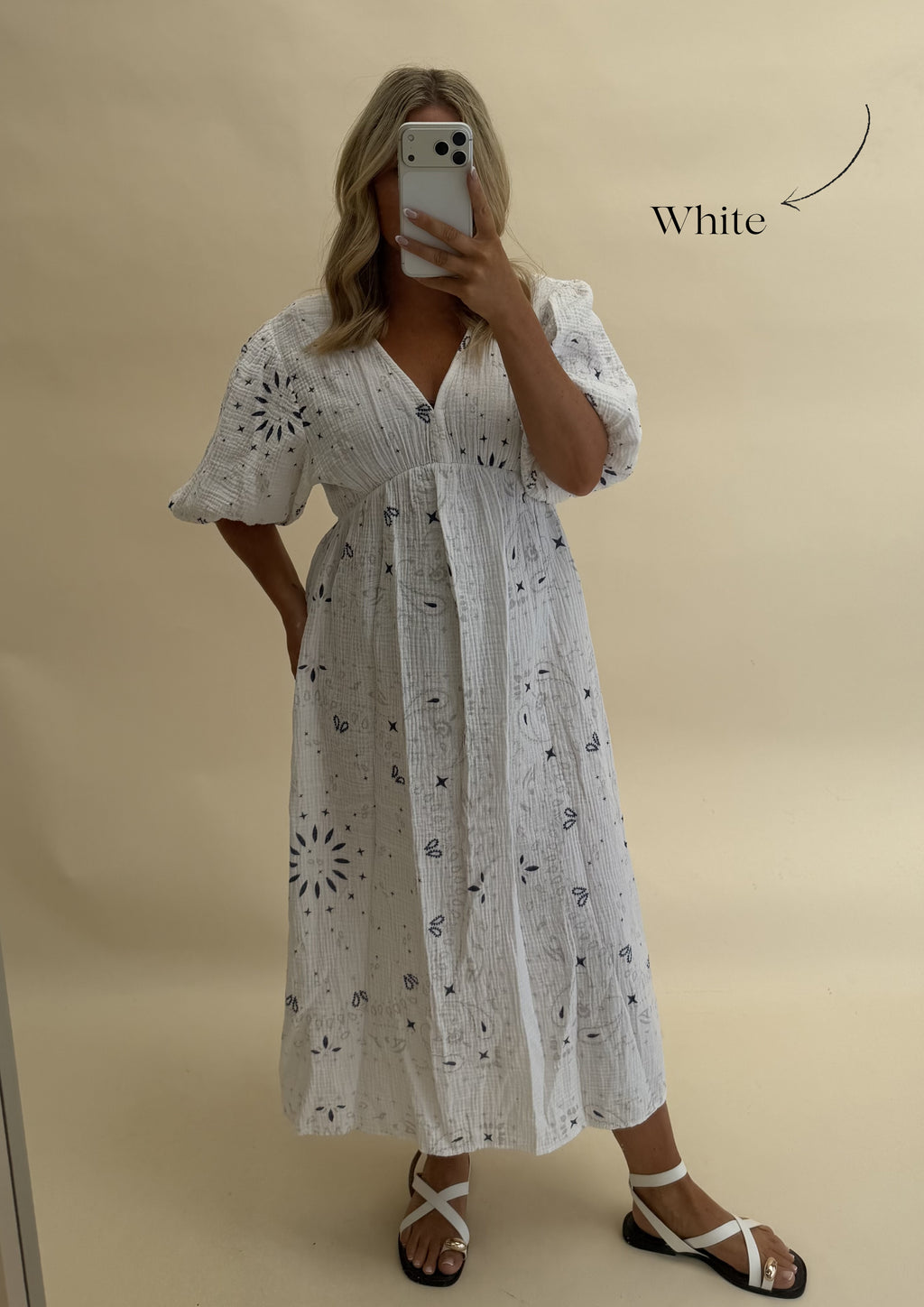CHEESECLOTH BANDANA PRINT DRESS WITH 3/4 SLEEVES