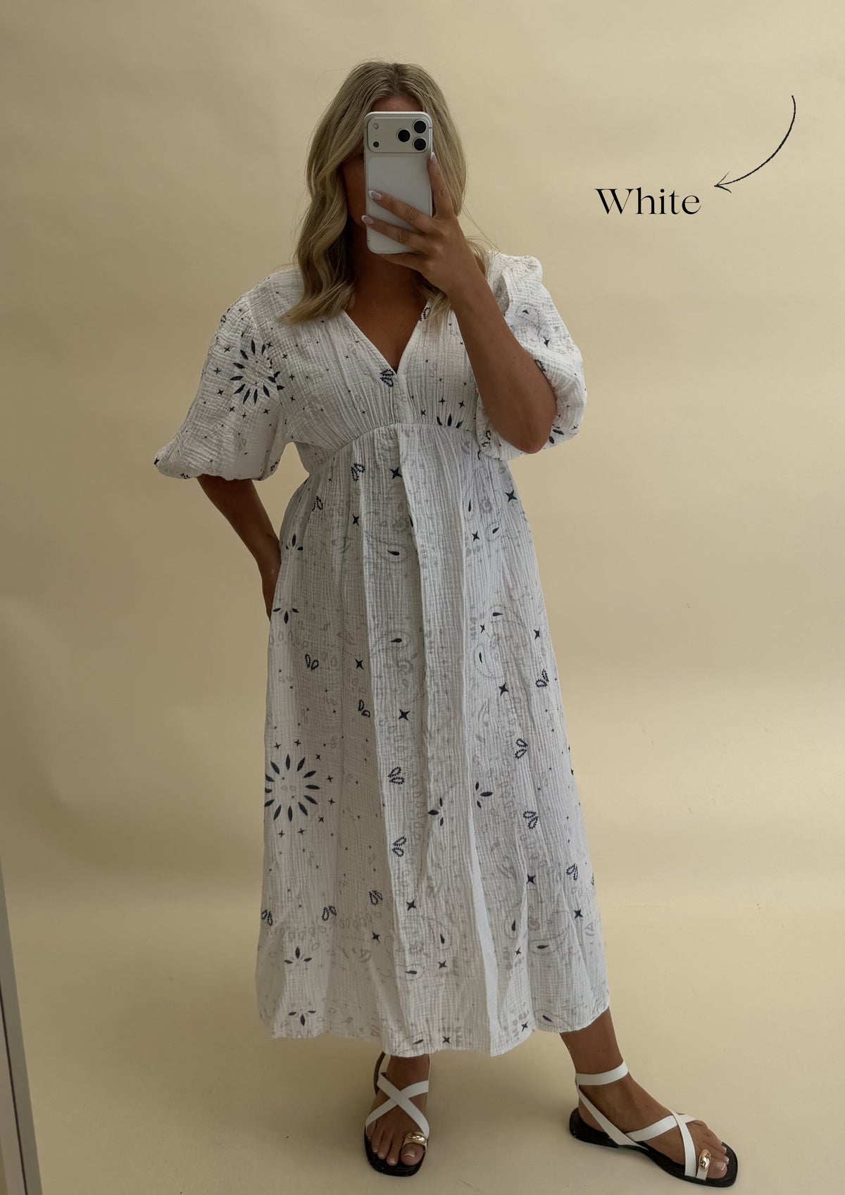 CHEESECLOTH BANDANA PRINT DRESS WITH 3/4 SLEEVES