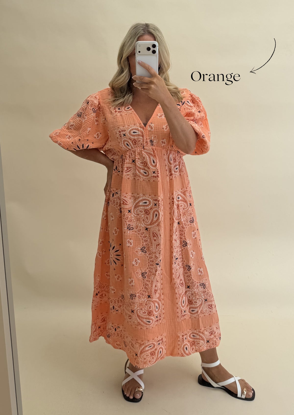 CHEESECLOTH BANDANA PRINT DRESS WITH 3/4 SLEEVES