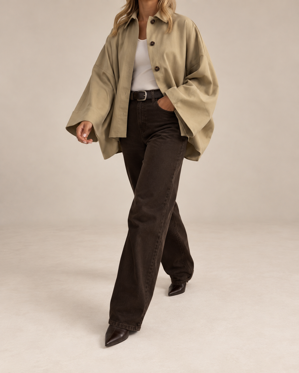 BARREL LEG BROWN DENIM JEANS WITH BELT