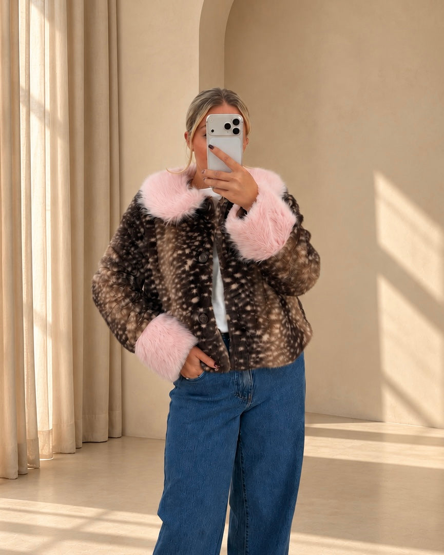 Muse Bambi/Fawn Print Jacket with Faux Fur Trim