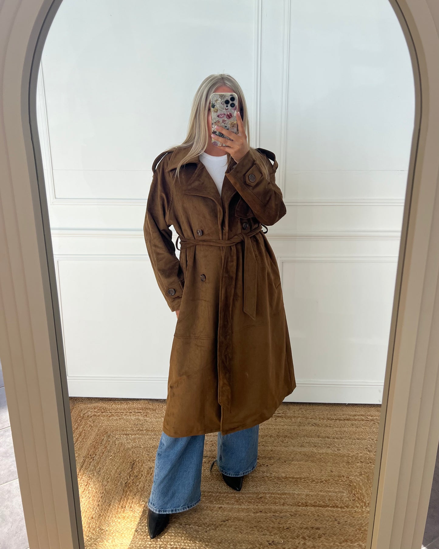 BROWN SUEDE FEEL TRENCH COAT -LONGLINE BELTED COAT