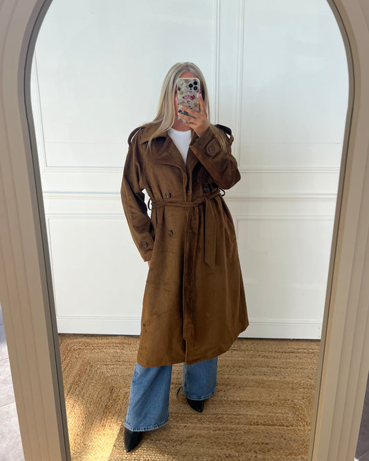 BROWN SUEDE FEEL TRENCH COAT -LONGLINE BELTED COAT