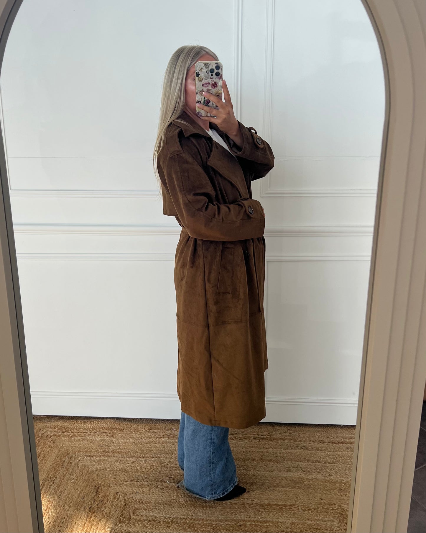 BROWN SUEDE FEEL TRENCH COAT -LONGLINE BELTED COAT