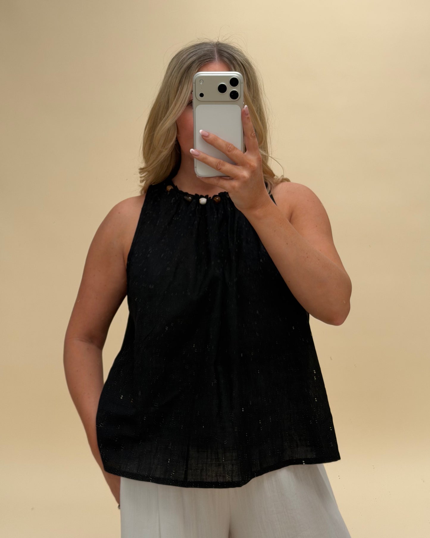 BEADED DETAILING COTTON SLEEVELESS BLOUSE