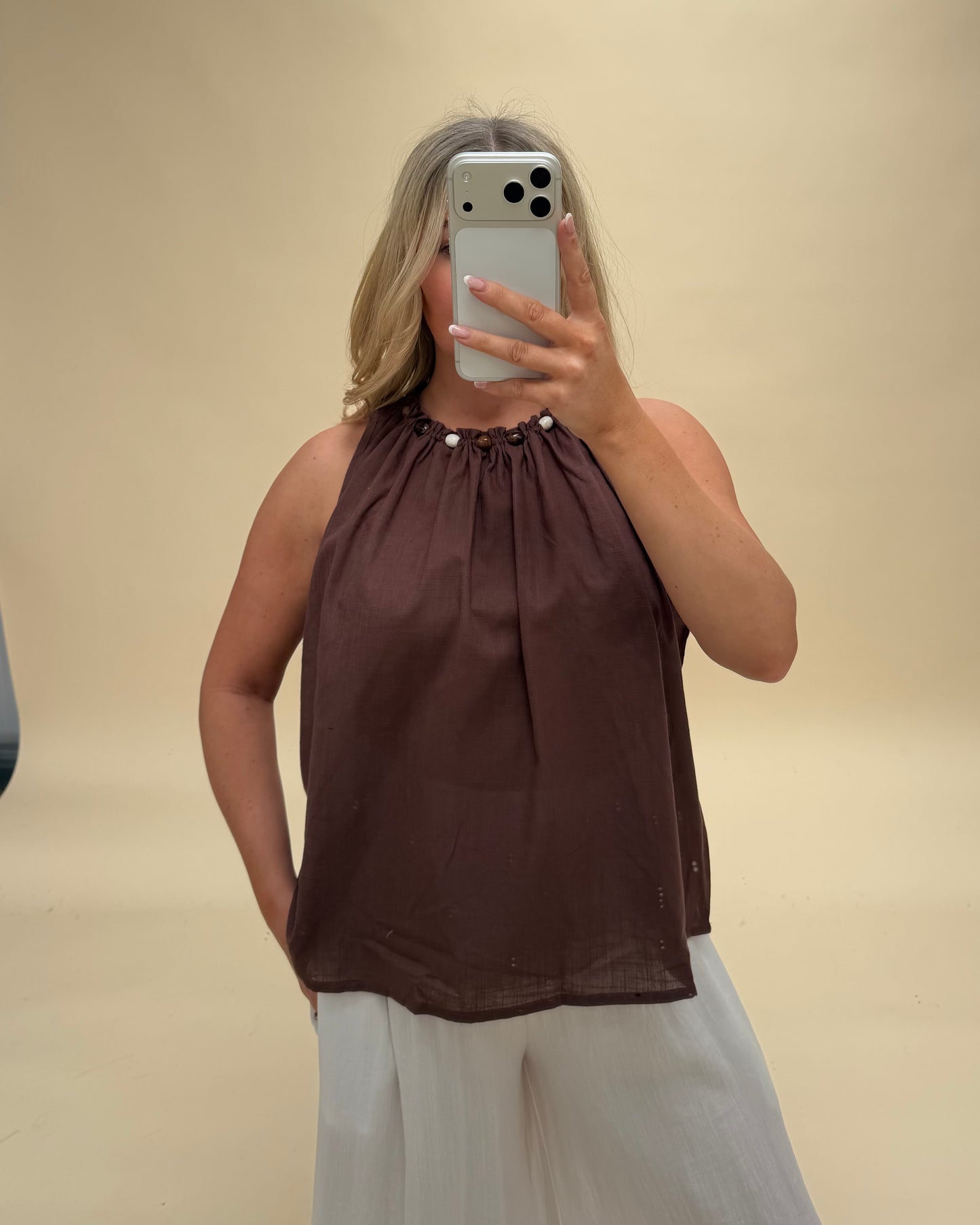 BEADED DETAILING COTTON SLEEVELESS BLOUSE