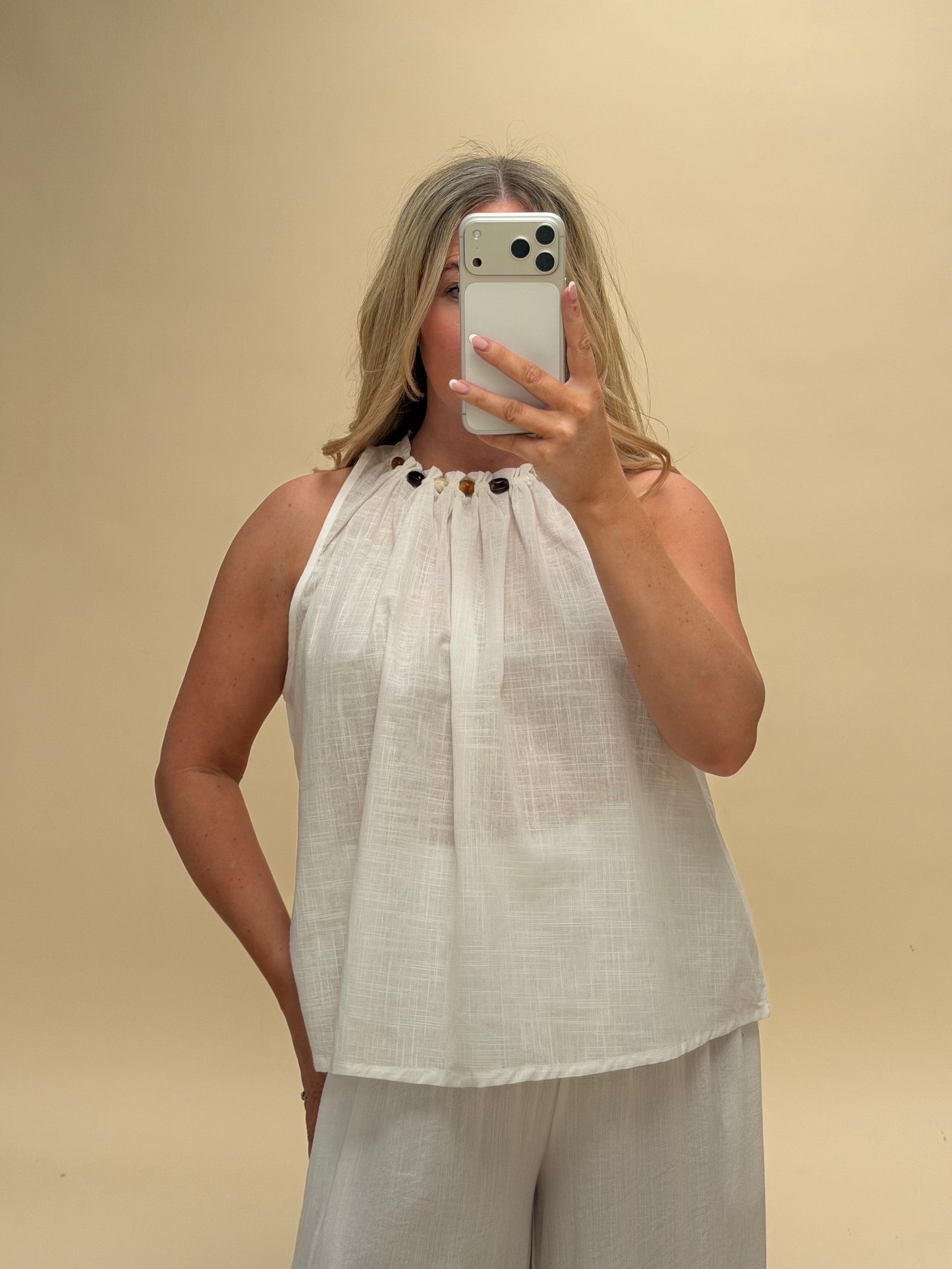 BEADED DETAILING COTTON SLEEVELESS BLOUSE