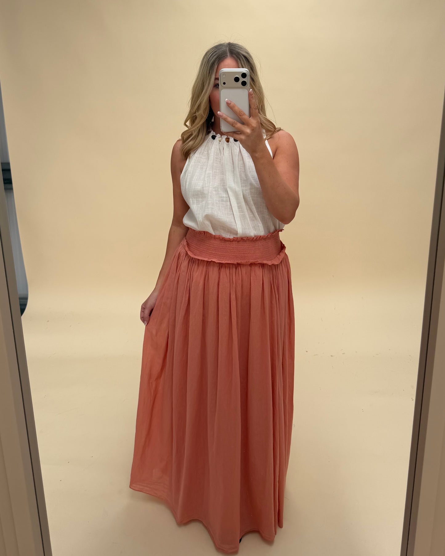 SMOCKED WAIST MIDAXI SKIRT