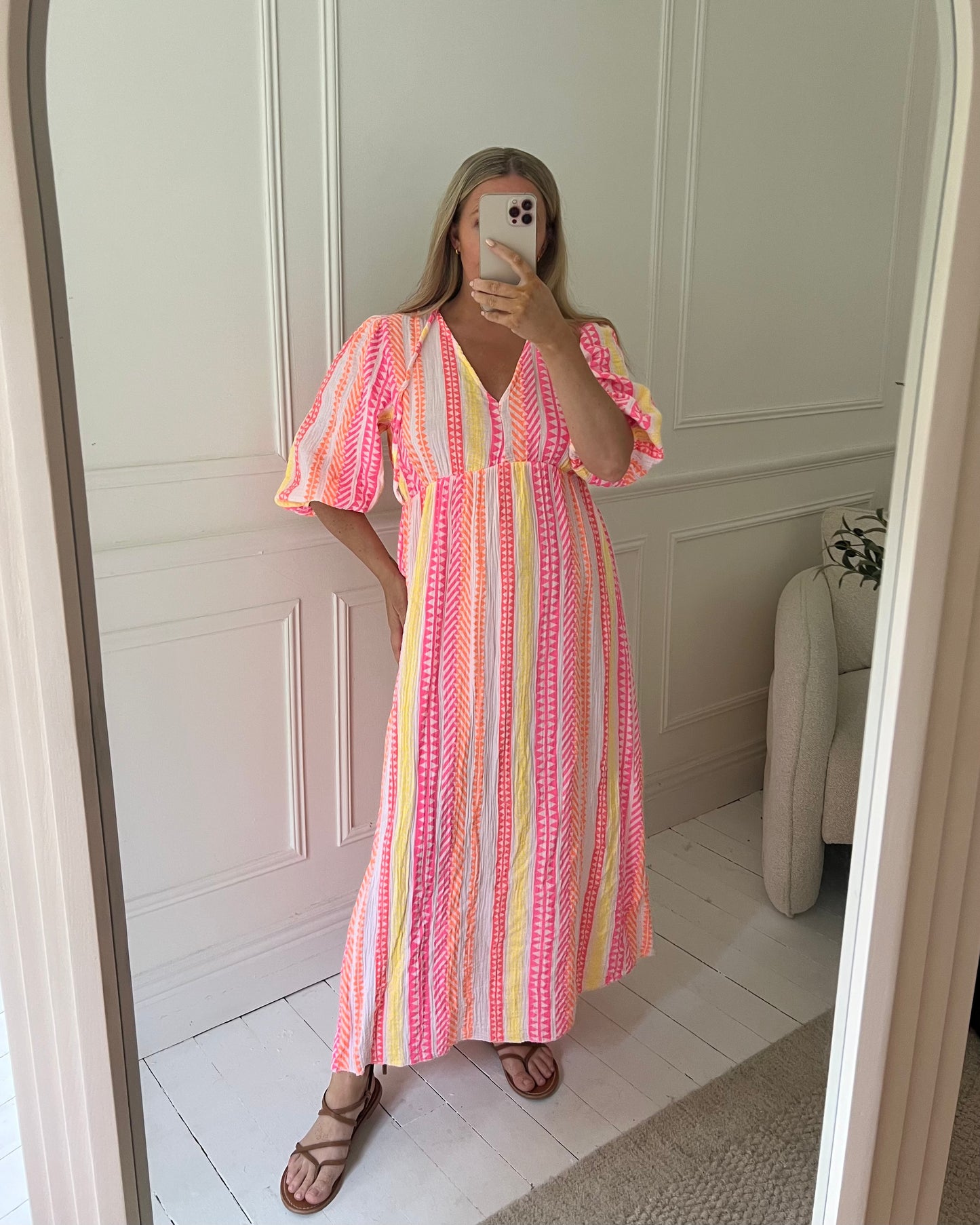 GEOMETRIC PRINT CHEESECLOTH COTTON DRESS