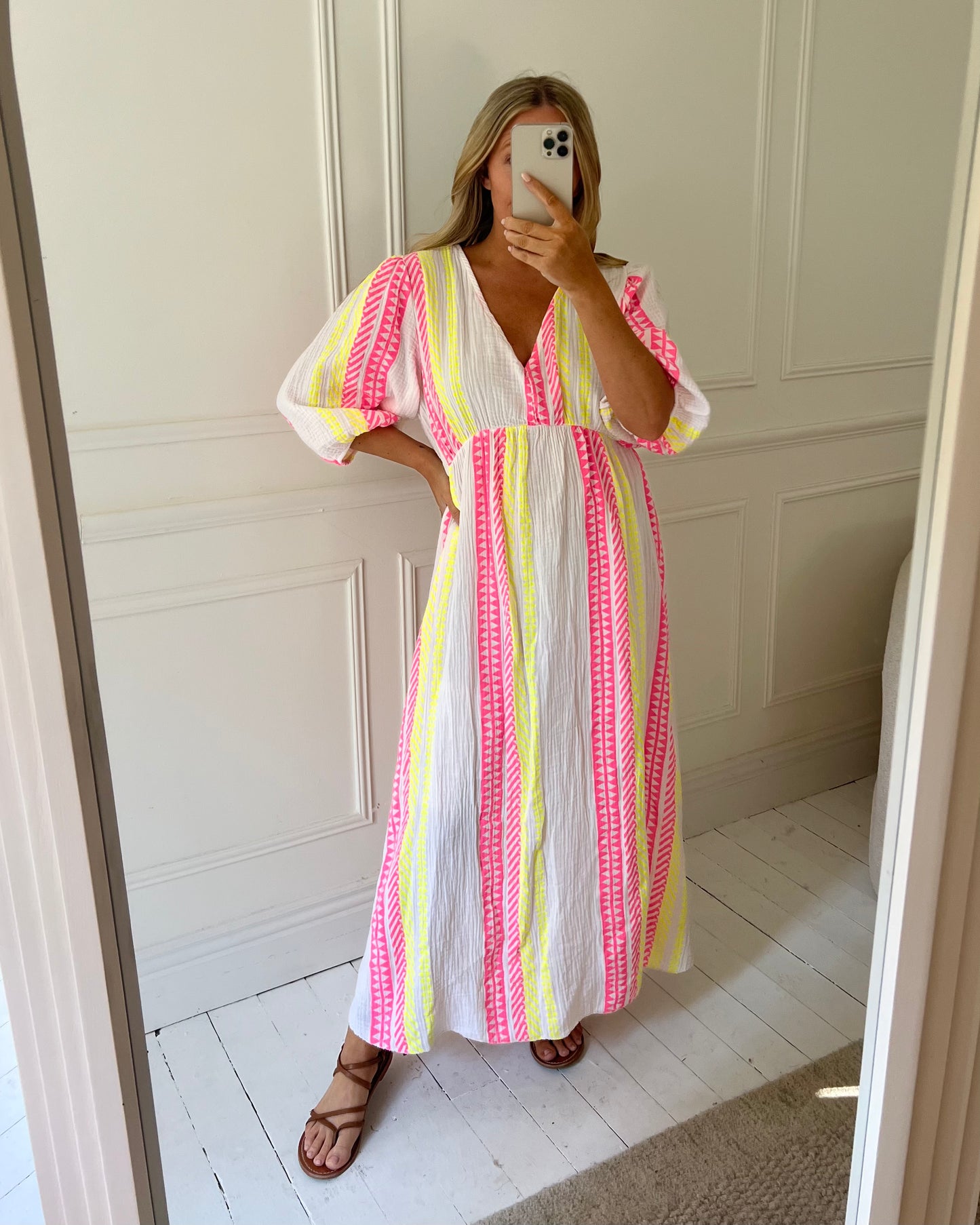 GEOMETRIC PRINT CHEESECLOTH COTTON DRESS