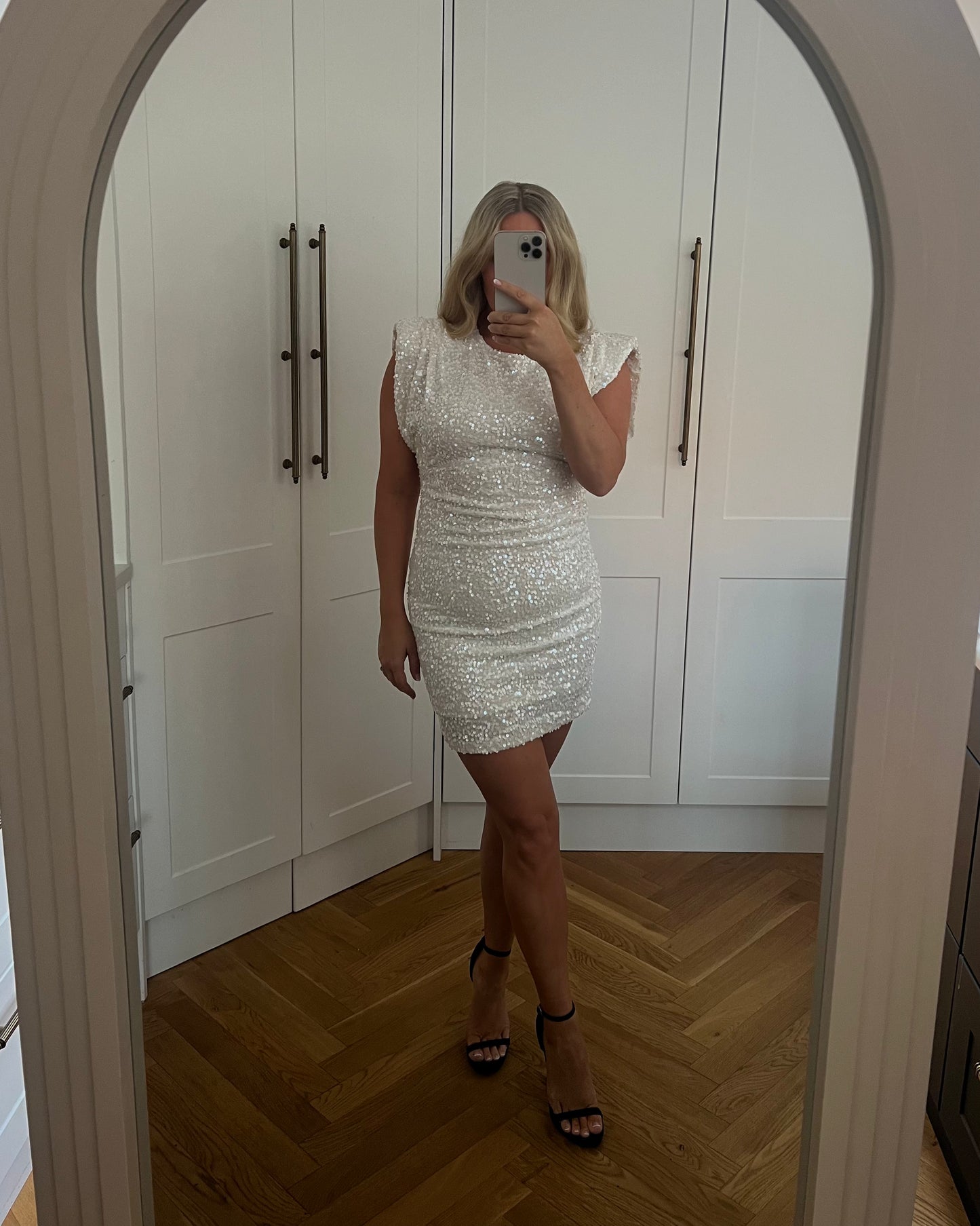 SEQUIN SHOULDER PAD MINI DRESS - WHITE