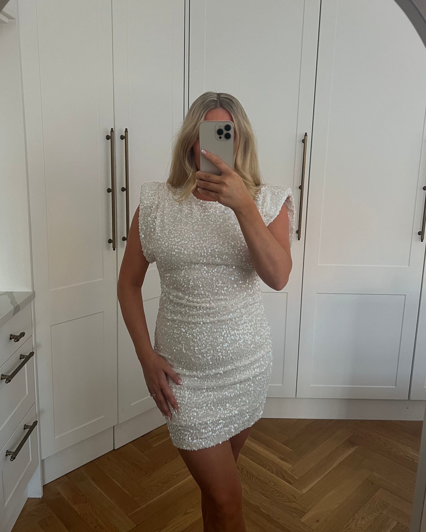 SEQUIN SHOULDER PAD MINI DRESS - WHITE