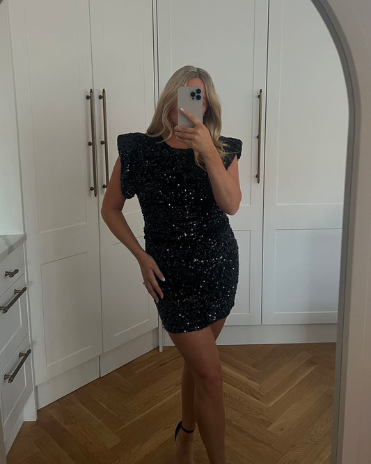 SEQUIN SHOULDER PAD MINI DRESS - BLACK