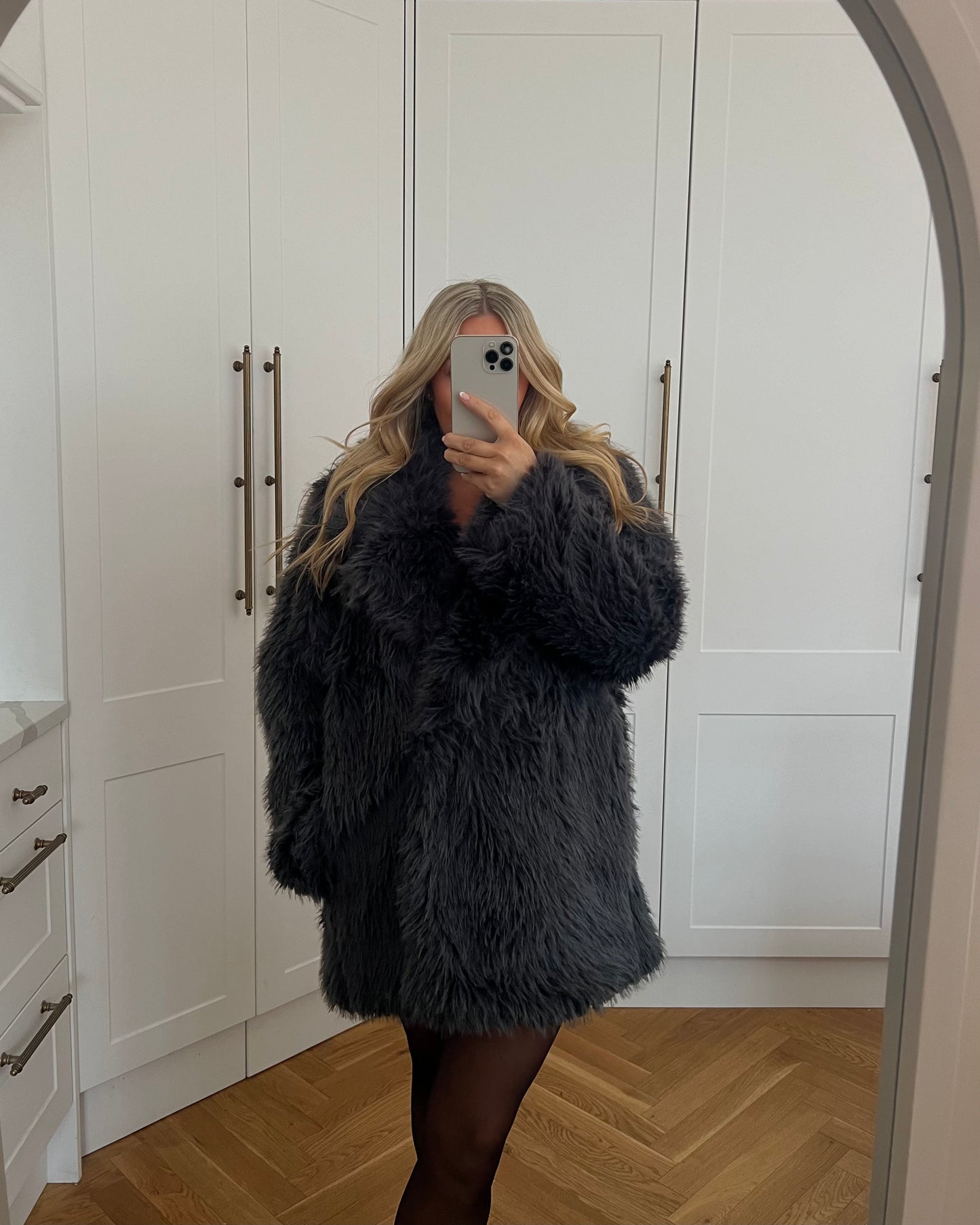 CHARCOAL GREY FAUX FUR COAT