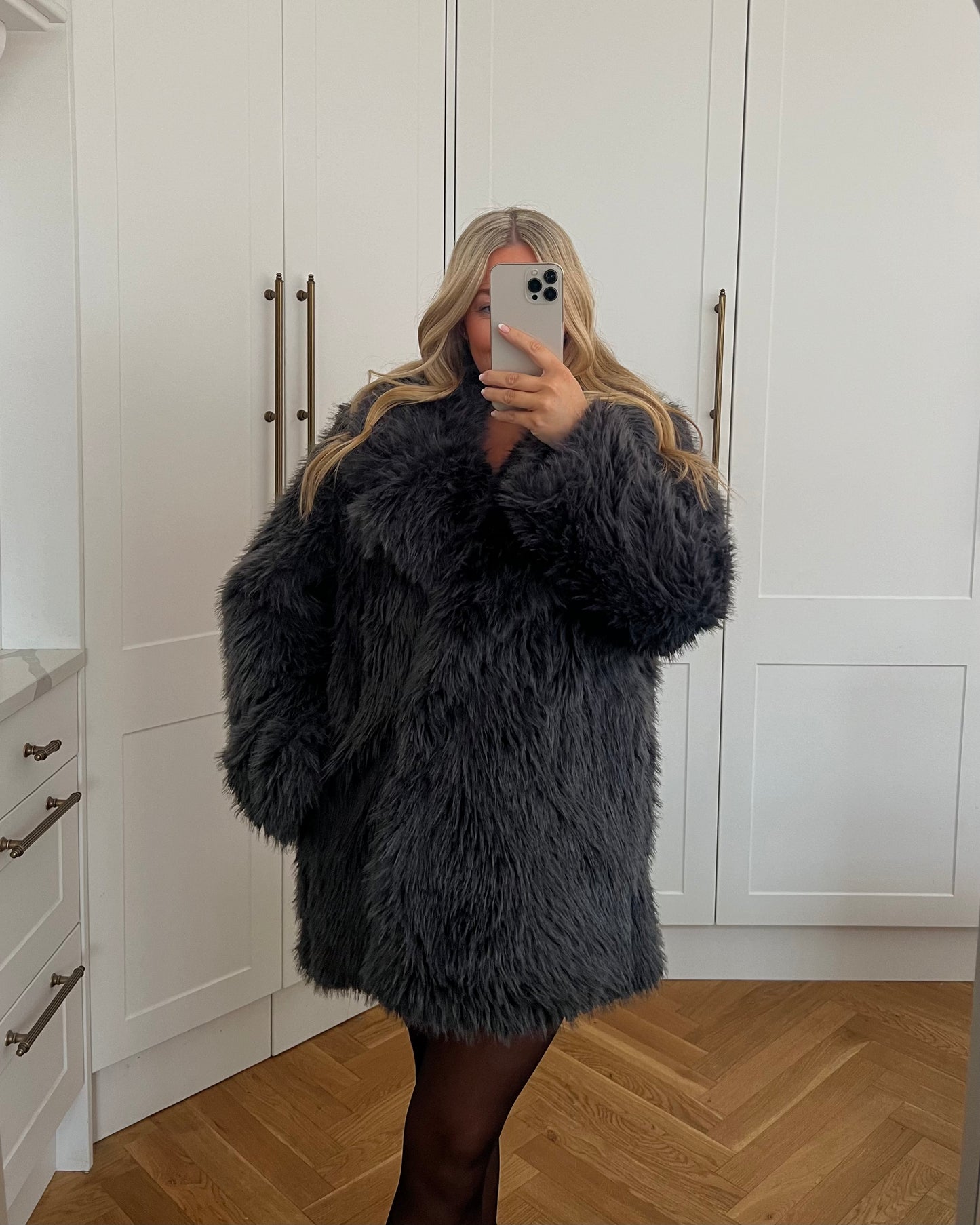 CHARCOAL GREY FAUX FUR COAT