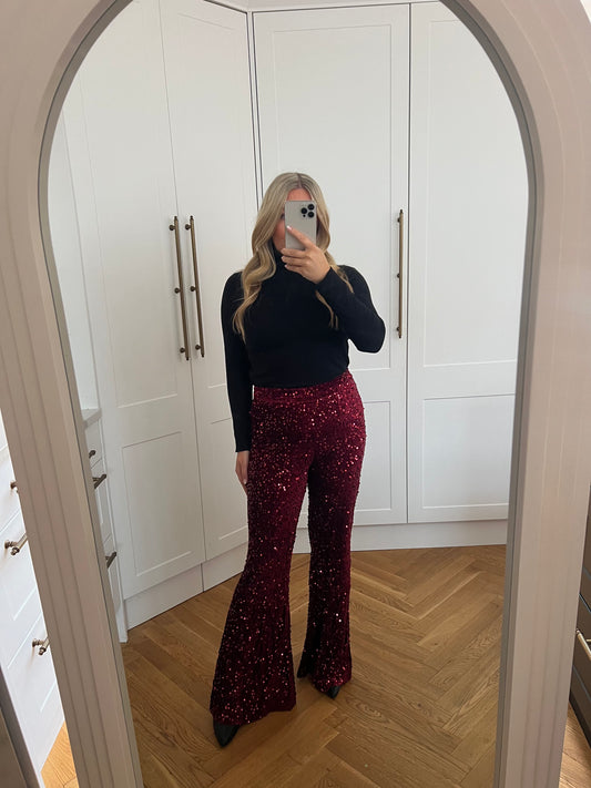 VELVET SEQUIN FLARES - BURGUNDY