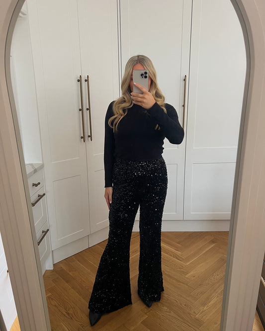 VELVET SEQUIN FLARES - BLACK