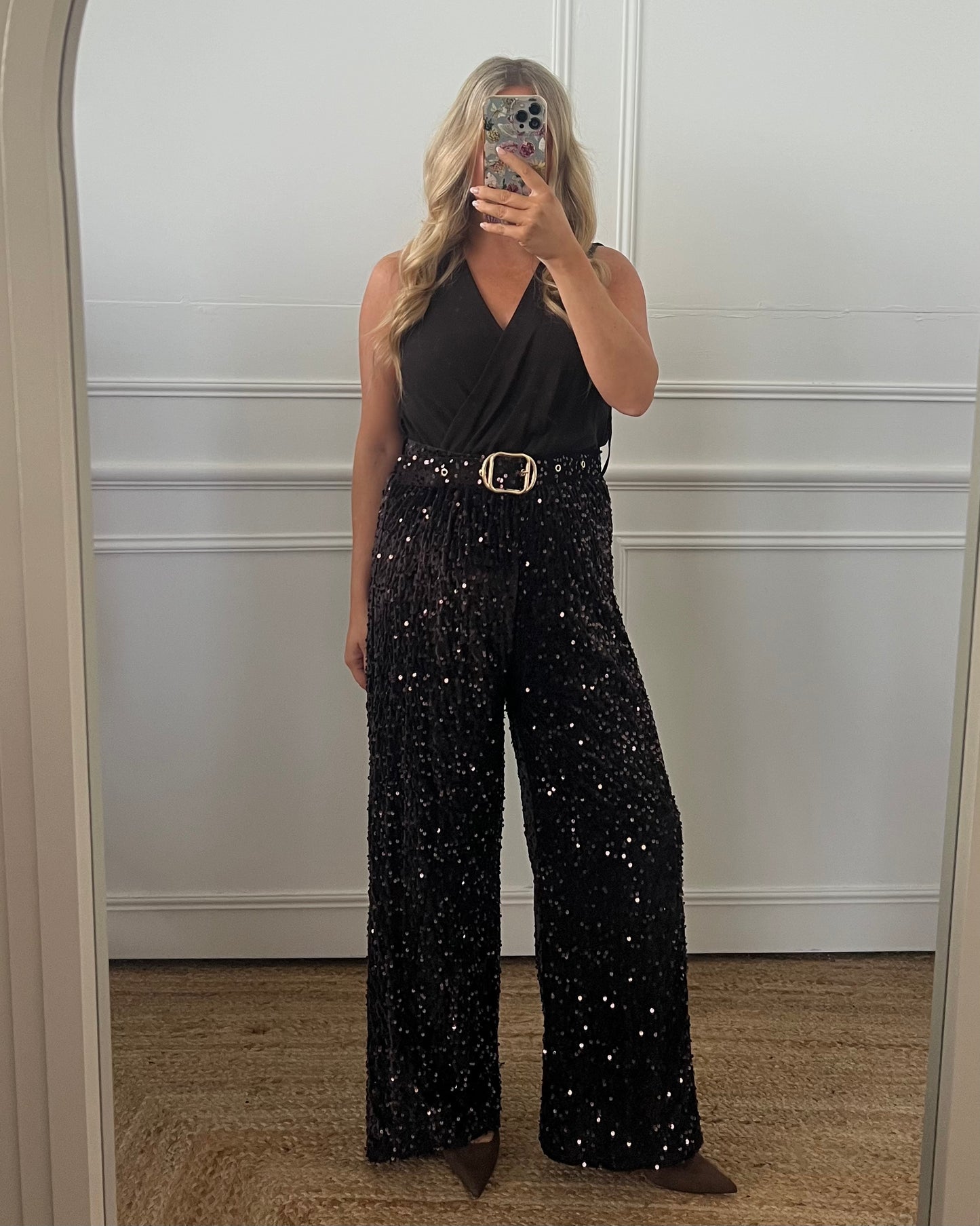 SEQUIN BELTED WIDE LEG JUMPSUIT