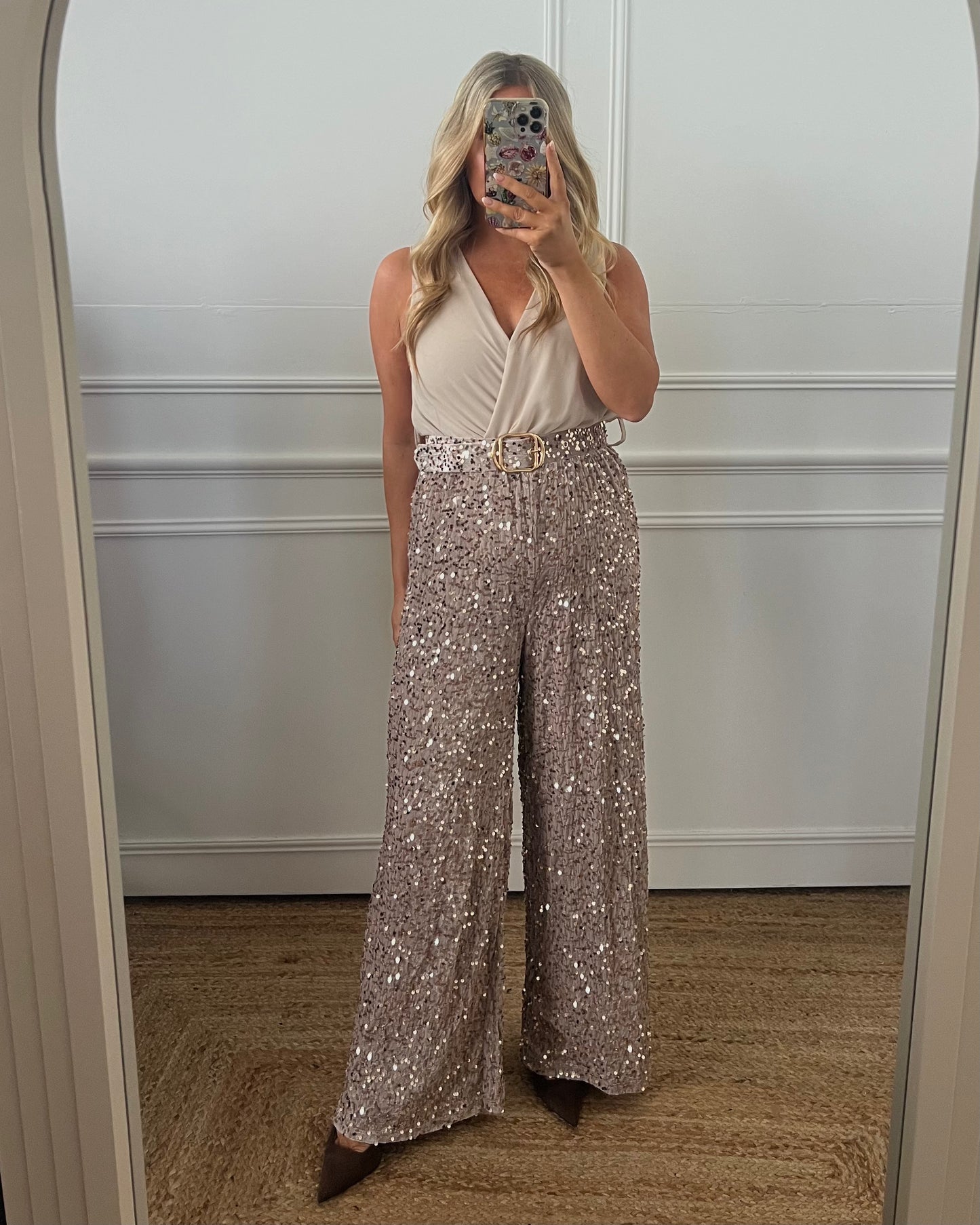 SEQUIN BELTED WIDE LEG JUMPSUIT