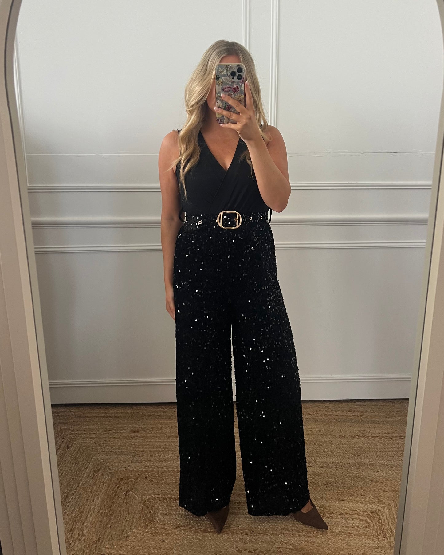 SEQUIN BELTED WIDE LEG JUMPSUIT