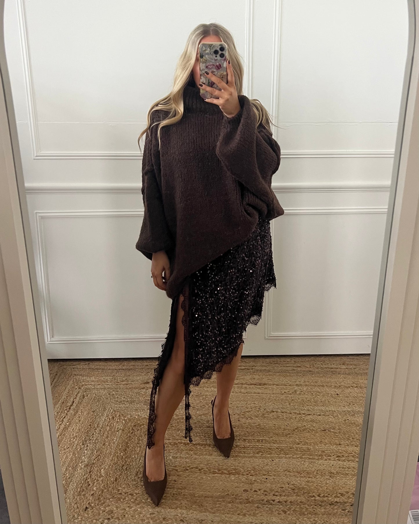 SEQUIN ASYMMETRIC MIDI SKIRT WITH LACE HEM