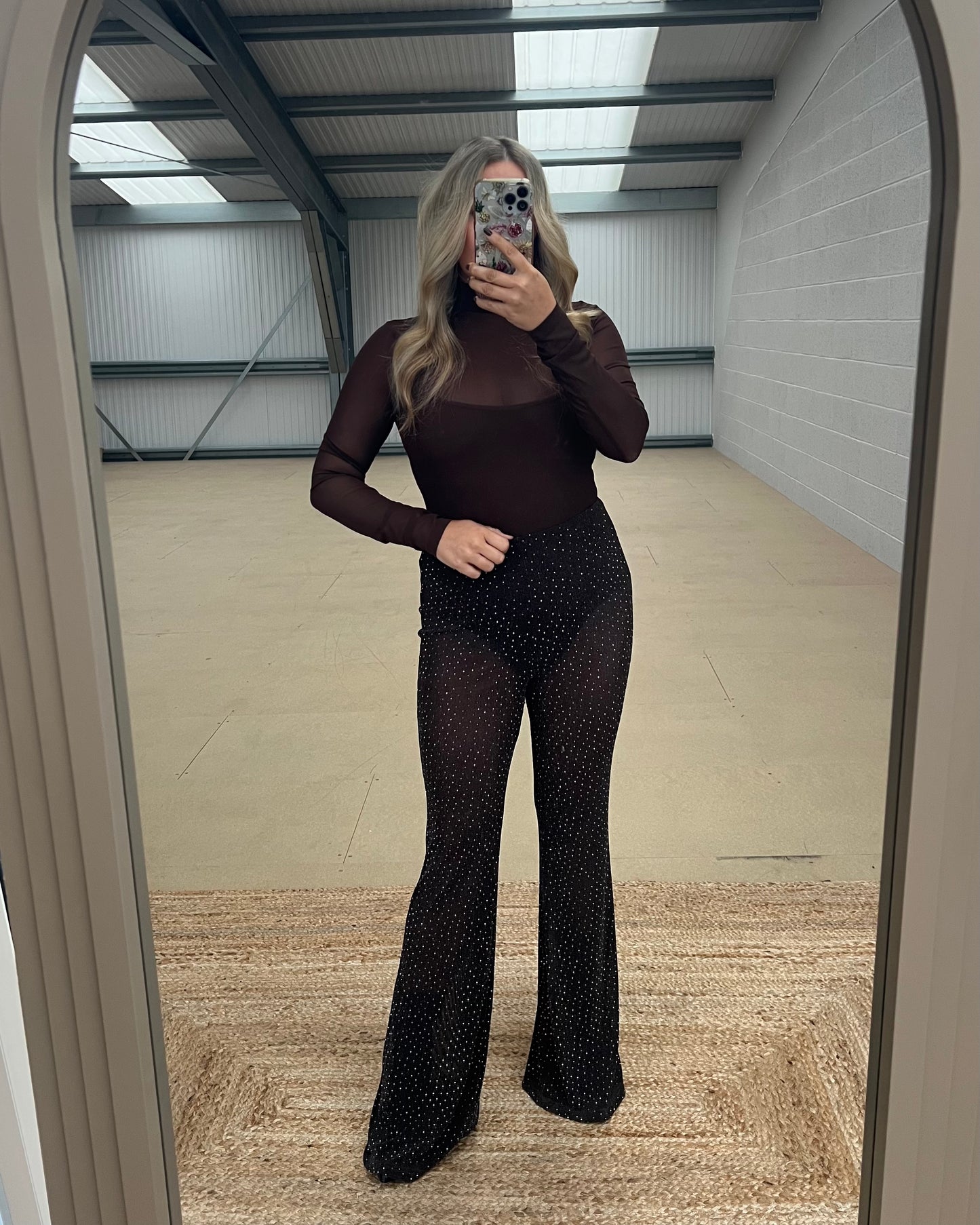 DIAMANTE MESH FLARE TROUSERS