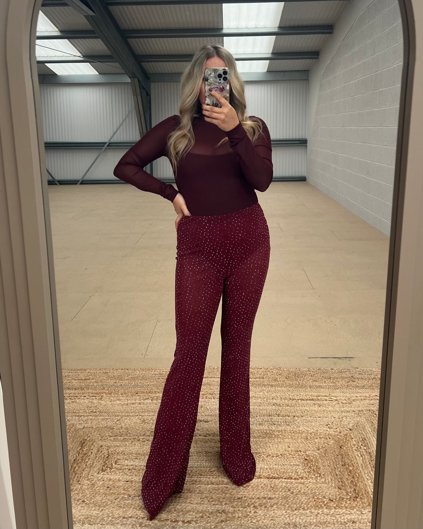 DIAMANTE MESH FLARE TROUSERS