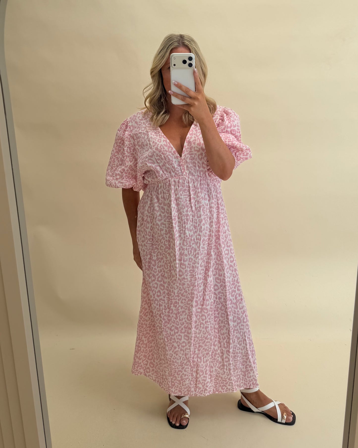 LEOPARD PRINT CHEESECLOTH DRESS WITH SLEEVES