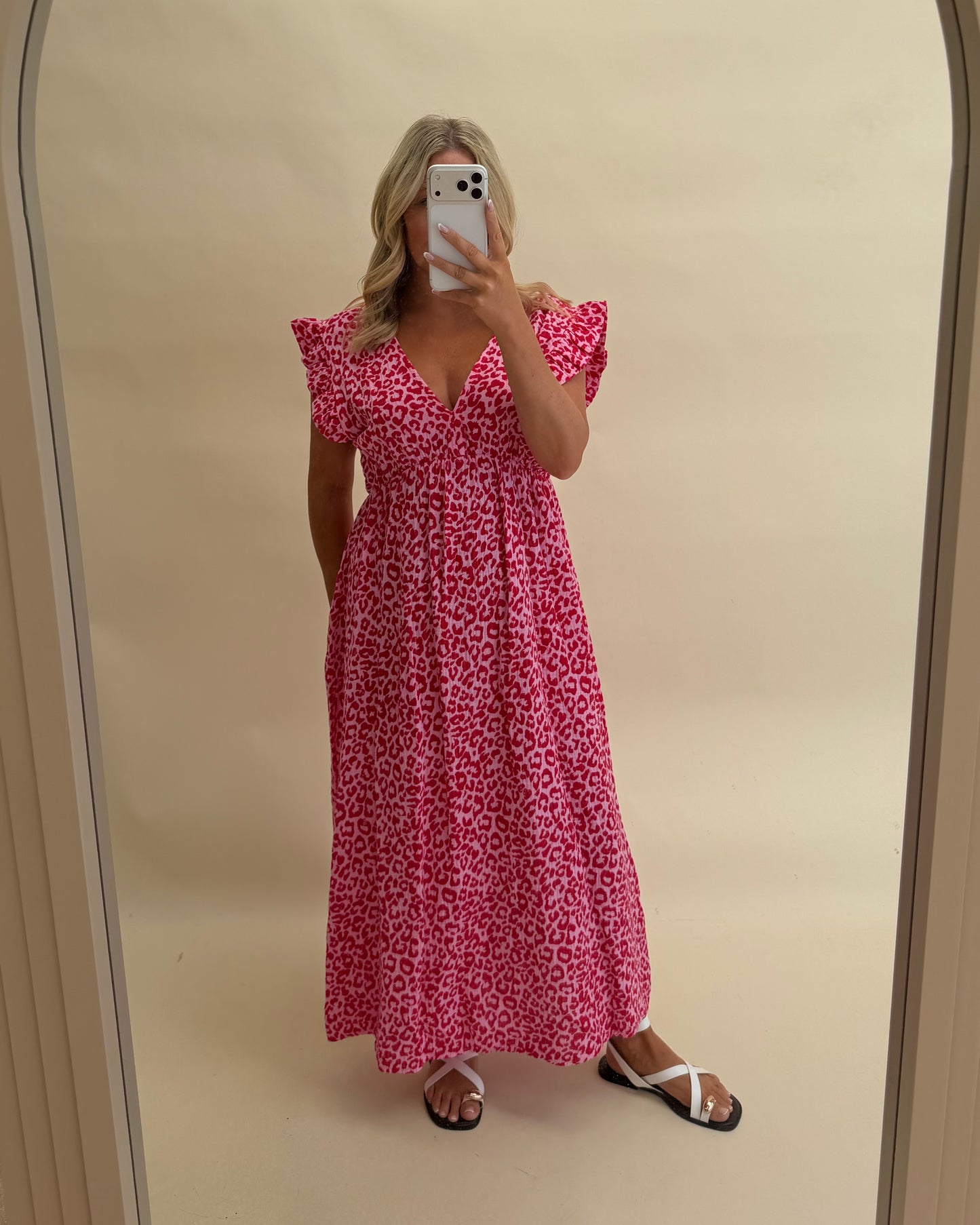 LEOPARD FRILL SLEEVE CHEESECLOTH PRINT DRESS