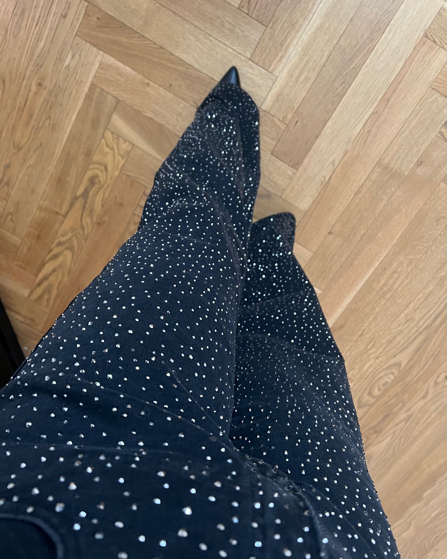 SPARKLE RHINESTONE WIDE LEG JEANS - BLACK