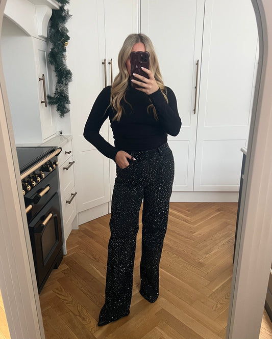 SPARKLE RHINESTONE WIDE LEG JEANS - BLACK