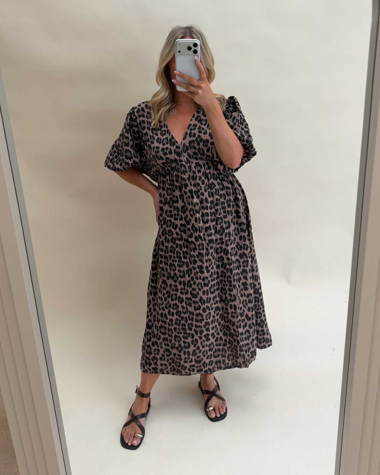 LEOPARD PRINT CHEESECLOTH DRESS WITH SLEEVES