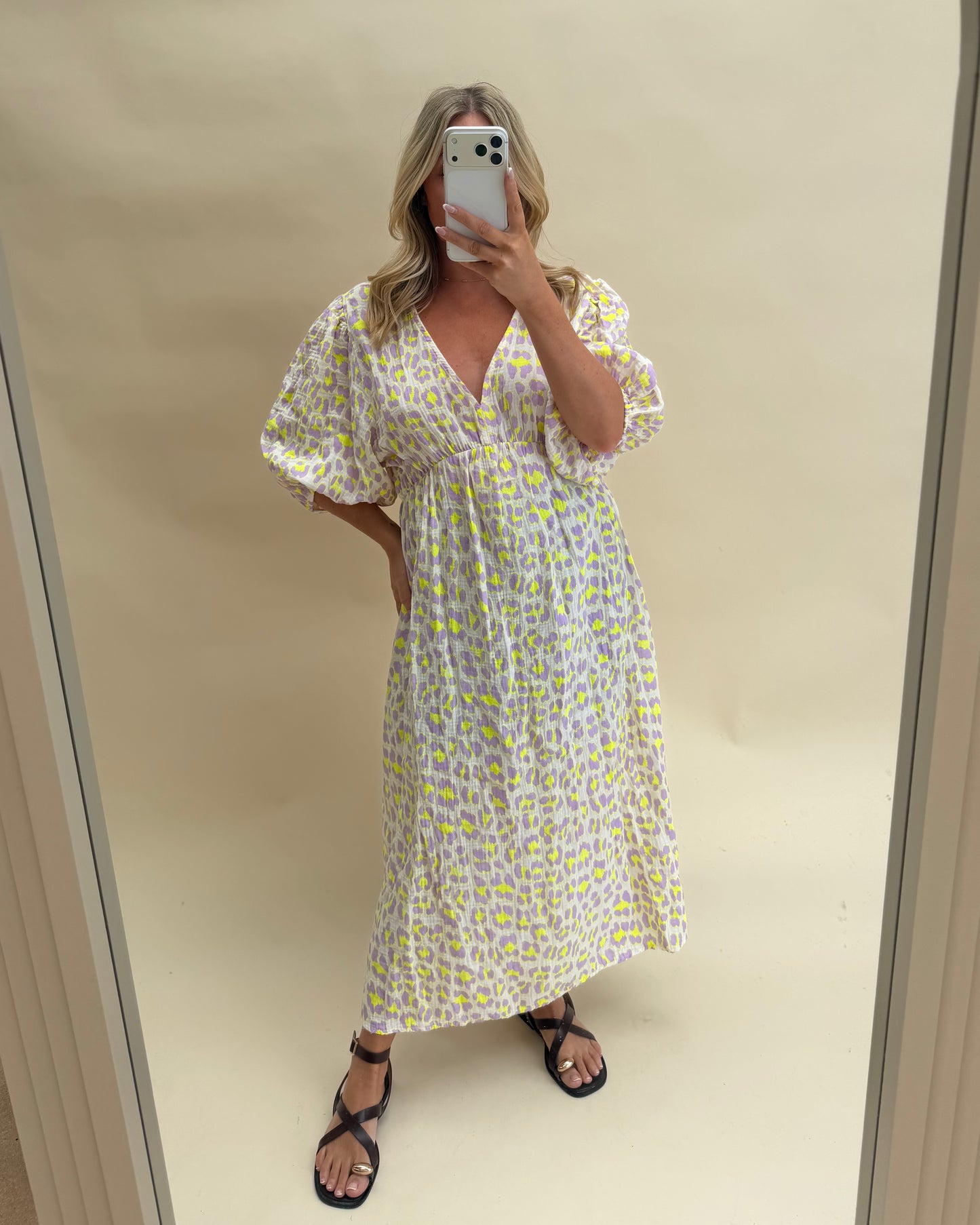 LEOPARD PRINT CHEESECLOTH DRESS WITH SLEEVES