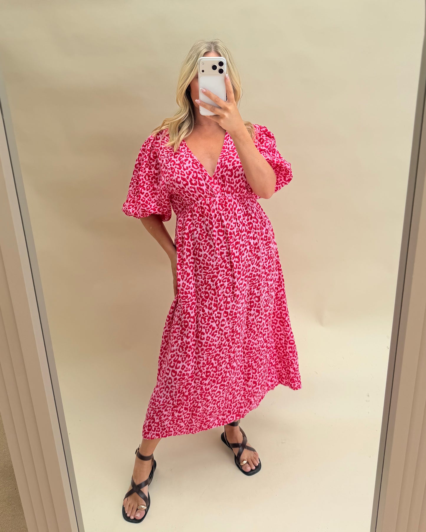 LEOPARD PRINT CHEESECLOTH DRESS WITH SLEEVES