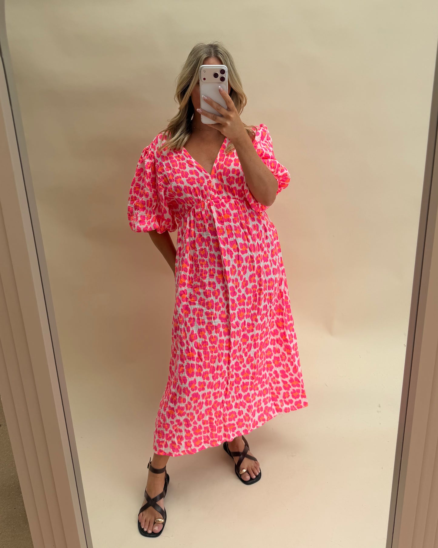LEOPARD PRINT CHEESECLOTH DRESS WITH SLEEVES