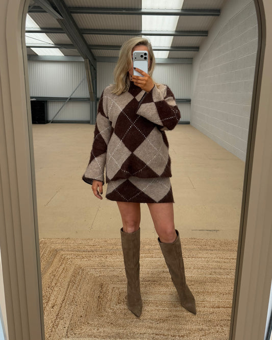 ARGYLE KNITTED CO-ORD SKIRT & JUMPER SET
