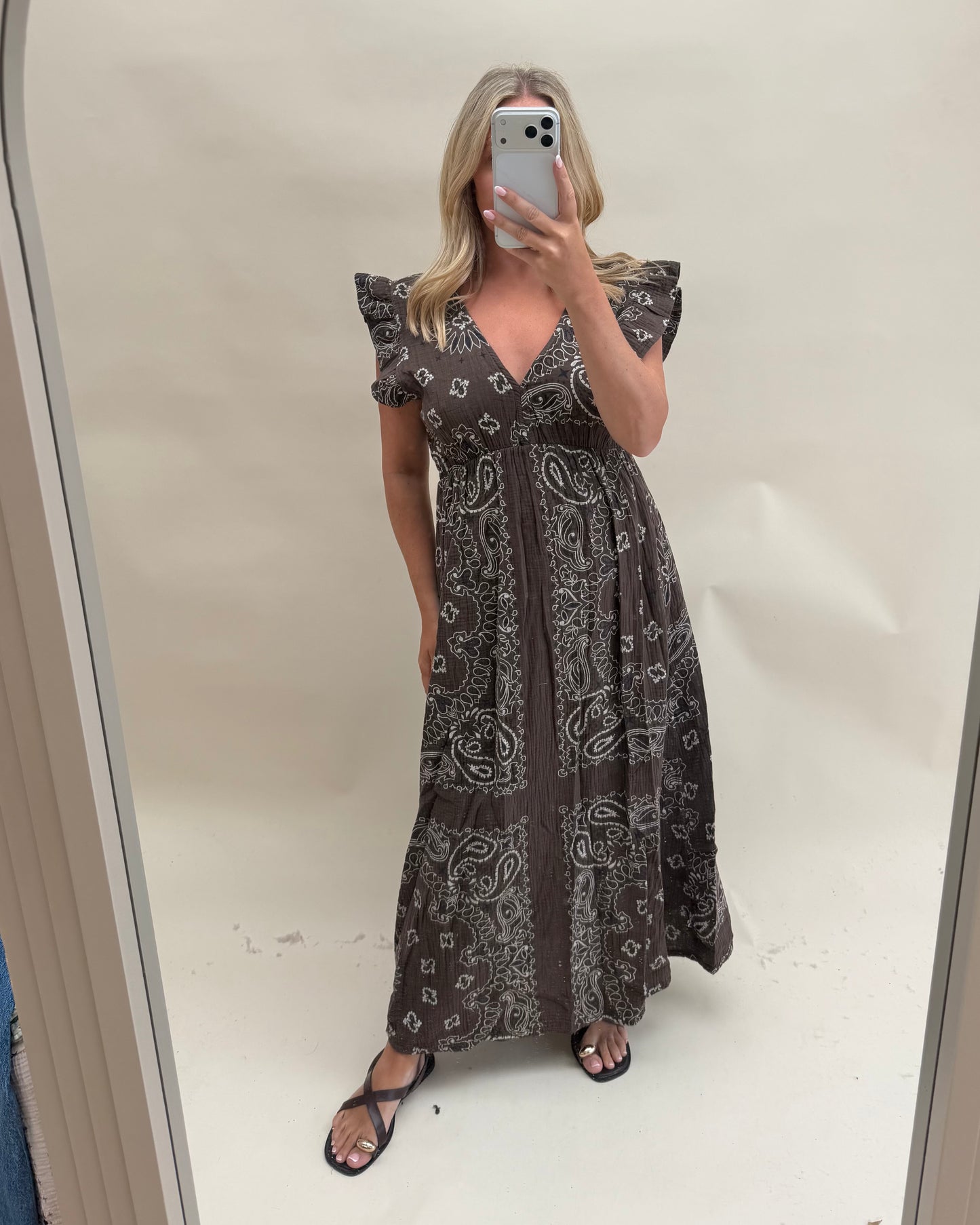 BANDANA PRINT FRILL SLEEVE  DRESS WITH CHEESECLOTH
