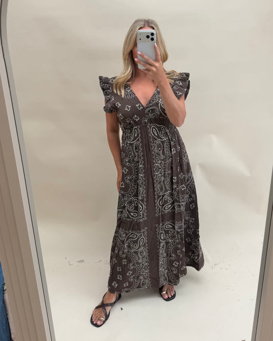 BANDANA PRINT FRILL SLEEVE  DRESS WITH CHEESECLOTH
