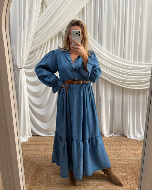 DENIM BELTED LONG SLEEVE MIDAXI DRESS TENCEL
