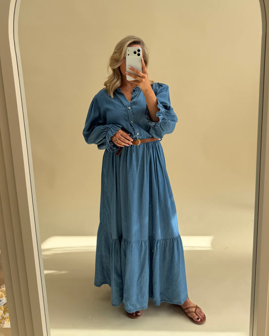 DENIM BELTED LONG SLEEVE MIDAXI DRESS TENCEL