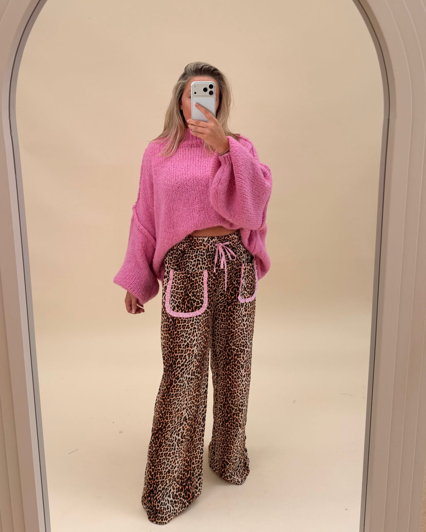 Pink Gingham Trim Leopard Wide Leg Trousers